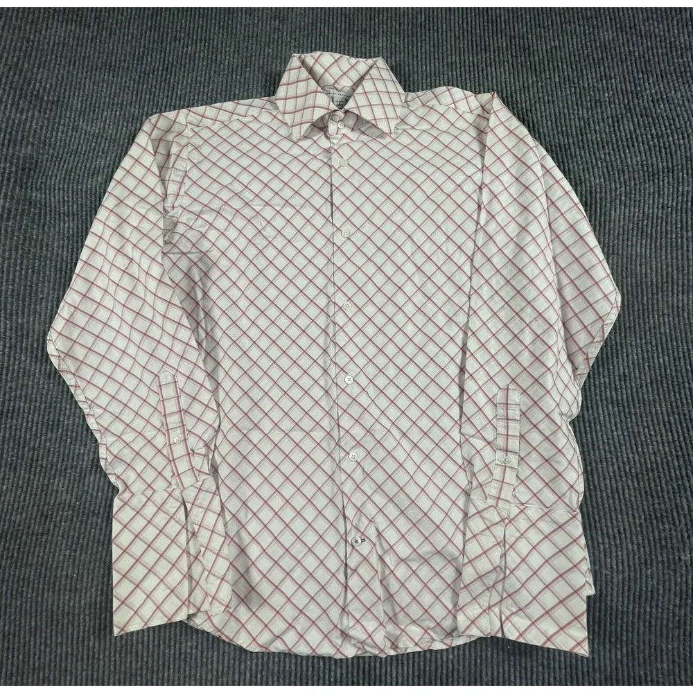 Banana Republic Shirt Mens L 16 White‎ Button Cotton Plaid Wedding French Cuffs
